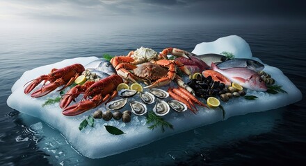 Assortment of fresh seafood including lobsters, crabs, fish, oysters, and mussels, presented on a large ice block floating in a vast, misty ocean, emphasizing freshness and quality.