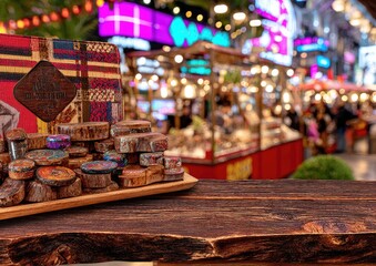 Wooden trinkets displayed on a rustic table in a bustling market