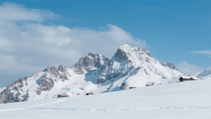 The majestic mountains, set against the blue sky and white clouds, fully demonstrate the grandeur of nature.