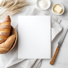 Menu mockup with blank paper surrounded by fresh bread, butter, cream, wheat and knife on white marble table, perfect for bakery or cafe presentation with cozy and inviting mood
