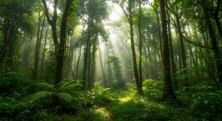 Obraz premium Dense rainforest with sunlight rays
