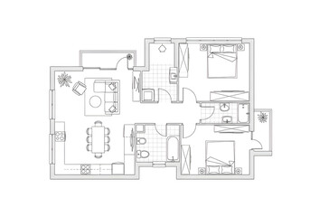Modern apartment floor plan showcasing living, dining, kitchen, two bedrooms, and bathrooms with balcony