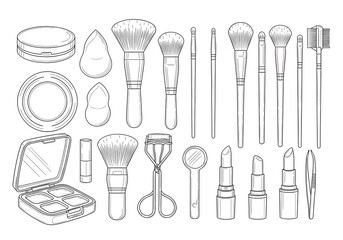 Essential makeup collection with brushes sponges lipsticks and tools for perfect beauty routines