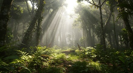 Fototapeta premium Dense rainforest with sunlight rays