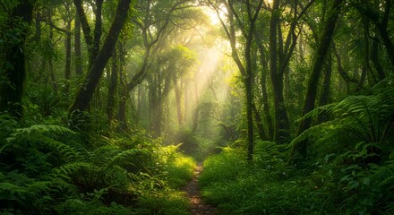 Obraz premium Dense rainforest with sunlight rays