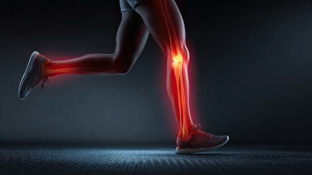 Runner with glowing red shin and knee pain, indicating a leg injury.