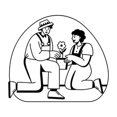 Two characters planting flowers, glyph style illustration 