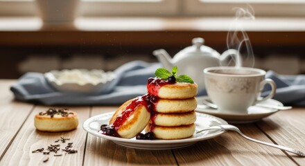 A stack of delicious syrniki (cottage cheese pancakes) with berry sauce, fresh blueberries, and mint, served with steaming tea on a rustic wooden table, perfect for a cozy breakfast.