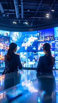 Two women in suits observe a large curved display screen showing a world map and city skylines in a modern control center