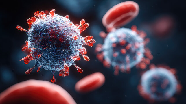 Microscopic view of virus particles and red blood cells in bloodstream.
