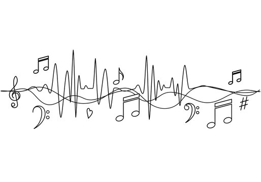 Dynamic sound waves blend with musical notes creating an energetic rhythm and melody