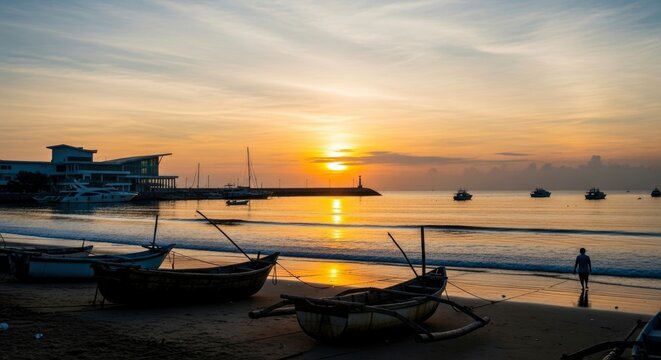 A tranquil golden sunrise illuminates a coastal scene with traditional fishing boats on the sandy beach, modern yachts docked, and a lone figure walking by the shimmering sea.