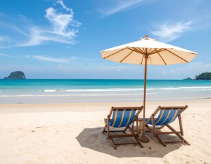 Tropical beach scene with two chairs and an umbrella