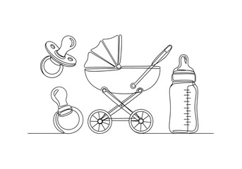 Charming baby essentials collection including a vintage stroller, pacifiers, and feeding bottle