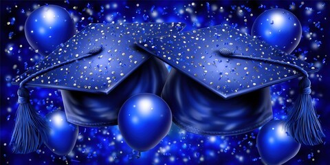 Celebrate the joy of graduation with vibrant blue caps and balloons in this design.