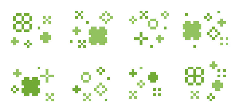 8-bit pixel art green clover with sparkling effect for retro cute game design, decoration, and lucky charm assets