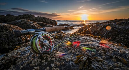 Fly fishing rod, reel, and colorful flies resting on barnacle-covered rocks at a stunning sunset, with the ocean in the background. A serene scene for angling enthusiasts.