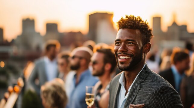 A joyful man smiles at a rooftop gathering during sunset, surrounded by a lively crowd and a city skyline in the background.