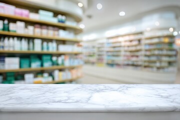 Emphasizing an empty white marble tabletop against a softly blurred pharmacy background, perfect for showcasing products in a retail setting