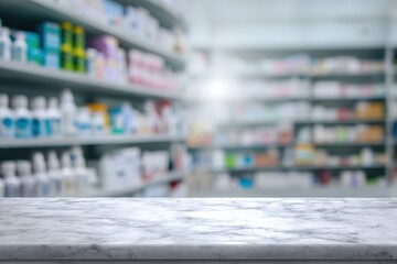 Empty marble surface with blurred pharmacy shelves providing a perfect template for showcasing products