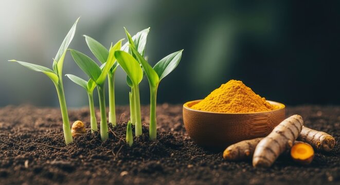 Young turmeric plants sprout from rich soil next to fresh turmeric roots and vibrant turmeric powder, showcasing its natural growth and versatile forms.