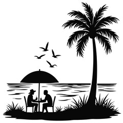 Couple dining under umbrella on beach with palm tree and birds