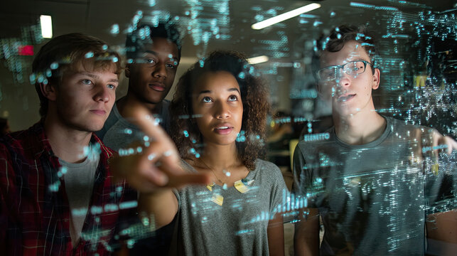 Focused students interacting with advanced holographic data display.
