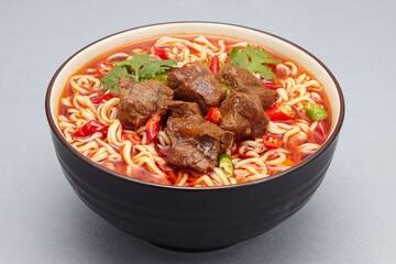 A big bowl of beef instant noodles that looks very appetizing