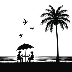 Couple dining under umbrella with palm tree silhouette
