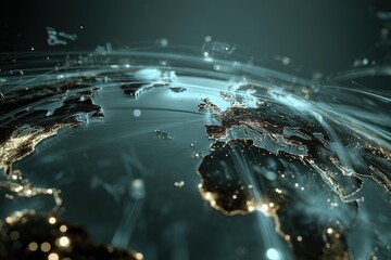 Visual representation of Earth highlighting Europe with shimmering lights and data connections in a dark atmosphere