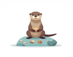 Fototapeta premium Cartoon otter sitting upright on a rock, holding a seashell, with other shells scattered around it.