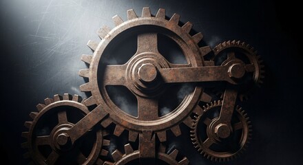 Rusty gears interlock, symbolizing industry, mechanics, and innovative concepts
