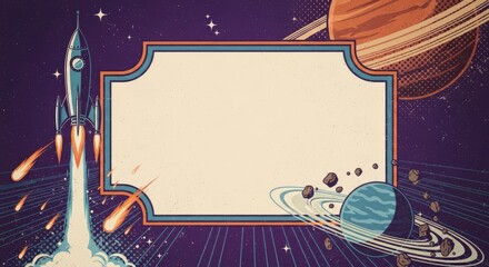 A vibrant retro space background featuring a launching rocket, distant planets, stars, and a central blank frame for text. Vintage sci-fi poster art with a distressed texture, perfect for cosmic th...