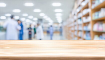Empty wooden brown table top featuring a blurred pharmacy background, providing an ideal setting for product placement and display