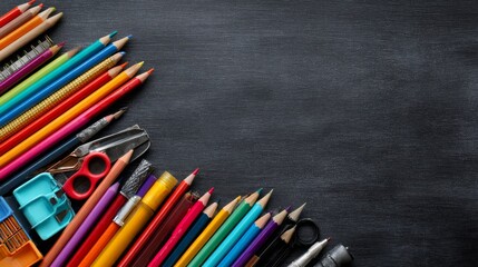 Stack of colorful school supplies with books, pencils, and red apple on wooden desk against green chalkboard background with empty copy space, education and back to school concept