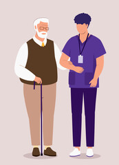 Male Nurse With Medical Scrubs Helping An Elderly Man.