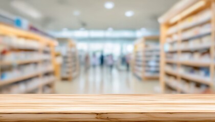 Empty wooden tabletop perspective for product placement or montage with focus to table top in front of blurry medicine shelves in pharmacy background