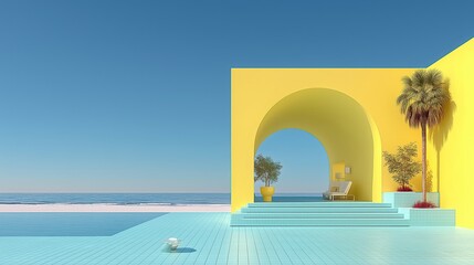 Obraz premium Minimalist Yellow Arch Architecture with Pool and Ocean View