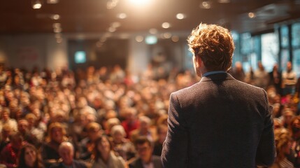 Obraz premium A speaker addresses a large audience in a well-lit conference hall. Perfect for illustrating public speaking or successful business presentations.