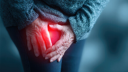 Close-up of elderly person clutching glowing red hip area.