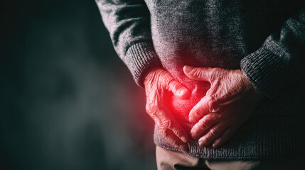 Elderly person clutching painful glowing red stomach or abdominal area.