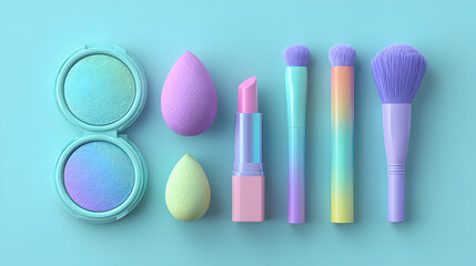 Naklejka premium Vibrant pastel makeup collection featuring shimmering eyeshadow, plush blending sponges, and colorful cosmetic brushes on a soft blue background