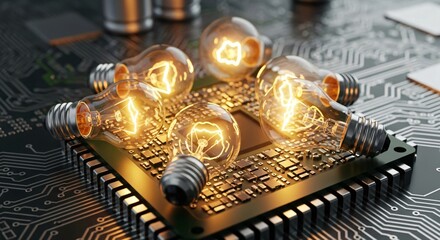 Glowing light bulbs on circuit board, concept of technology and innovation