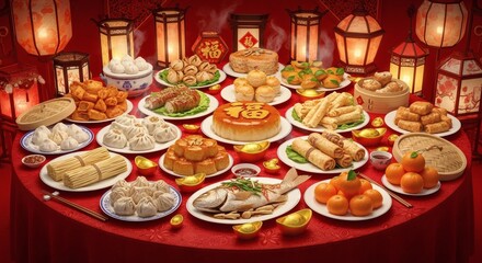 A colorful New Year banquet display has symbolic dishes with realistic food textures.