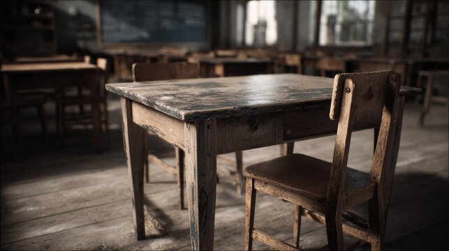 Wooden school desk with stack of books, red apple, and colorful stationery supplies in classroom with chalkboard background for education, learning, and back to school concept - Powered by Adobe