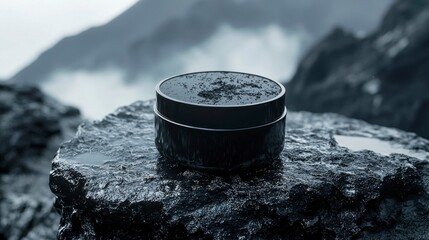 Glossy black jar of premium Shilajit on rocky surface in nature  
