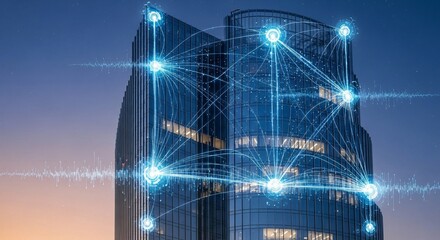 Modern skyscraper connected by digital network, technology and innovation