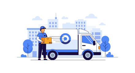 Vector illustration concept of a logistics and delivery service featuring a courier holding a package next to a cargo van with a city background