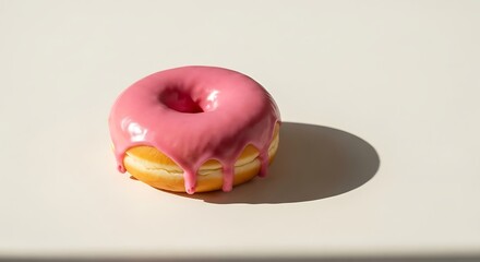 Delicious single doughnut with pink icing on bright surface setting