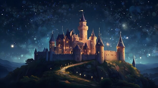 Fairy tale castle on a hill at night